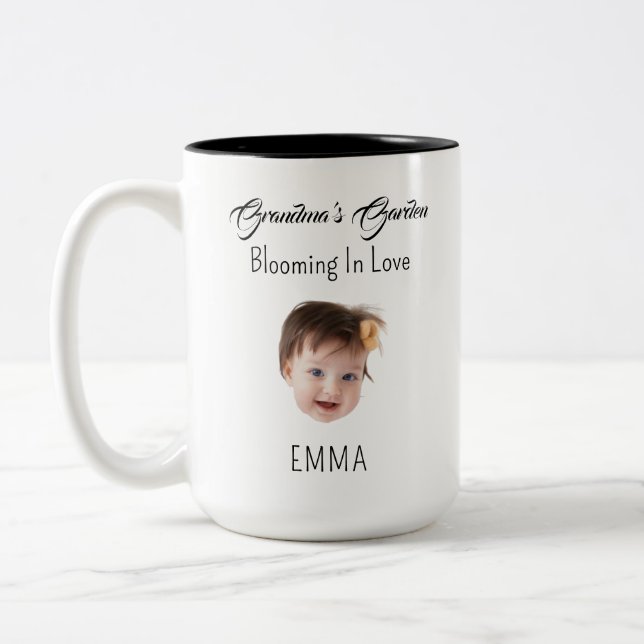Modern Custom Face Birth Grandma's Garden Dad Mum Two-Tone Coffee Mug (Left)
