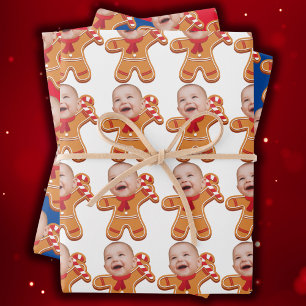 Modern Custom Face Photo Gingerbread Xmas baby Wrapping Paper Sheet