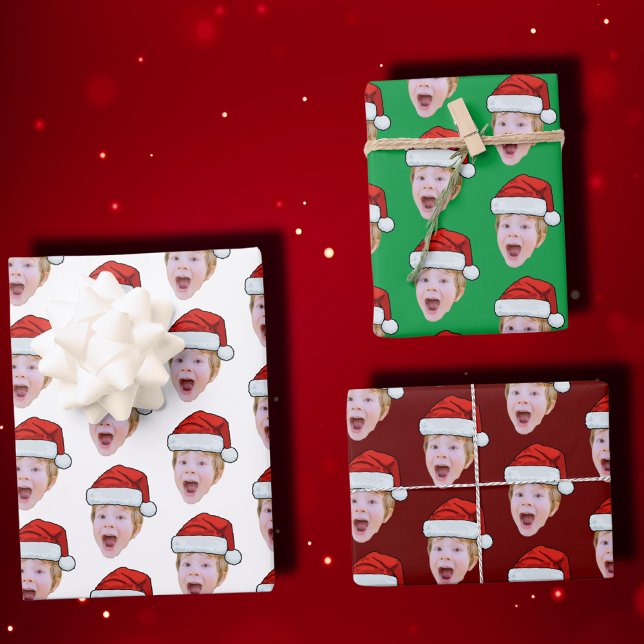 Modern Custom Face Photo Santa Claus Hat Christmas Wrapping Paper Sheet (Creator Uploaded)