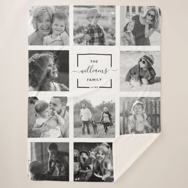 Modern Custom Family Name Photo Collage Sherpa Blanket (Front)