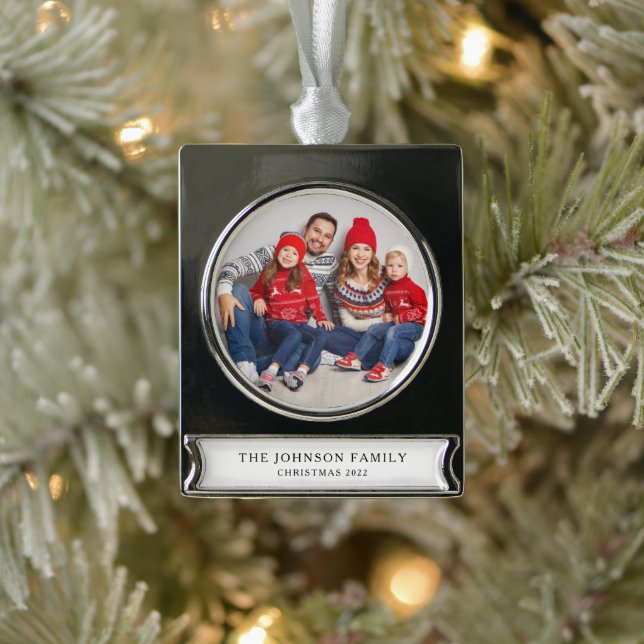 Modern Custom Family Photo Christmas Silver Plated Banner Ornament (Tree)