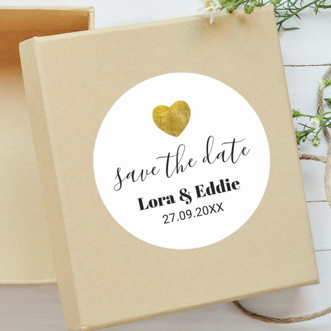 Modern Custom Gold Heart Wedding Save The Date Classic Round Sticker (Creator Uploaded)