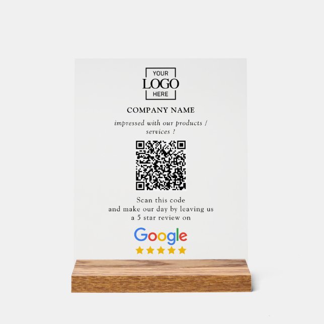 Modern Custom Google Reviews QR Code Business Logo Acrylic Sign (Front)