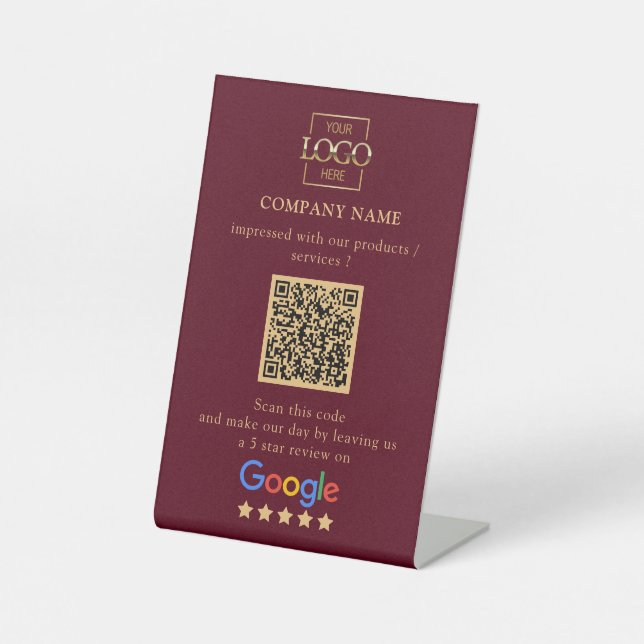 Modern Custom Google Reviews QR Code Business Logo Pedestal Sign (Front)