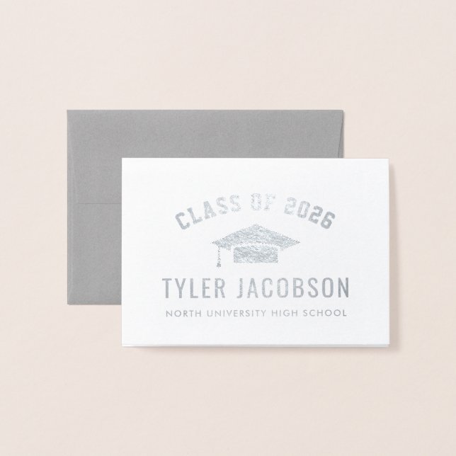 Modern Custom Graduation Thank You Silver Foil Card (Front With Envelope)
