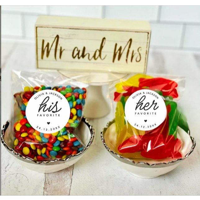 Modern Custom His Favourite Wedding Black Text Classic Round Sticker (Modern Personalized His or Her wedding favorite round sticker)