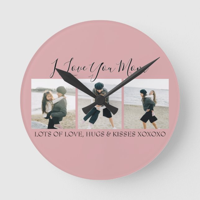 Modern Custom I Love You Mum | 3 Photo Round Clock (Front)