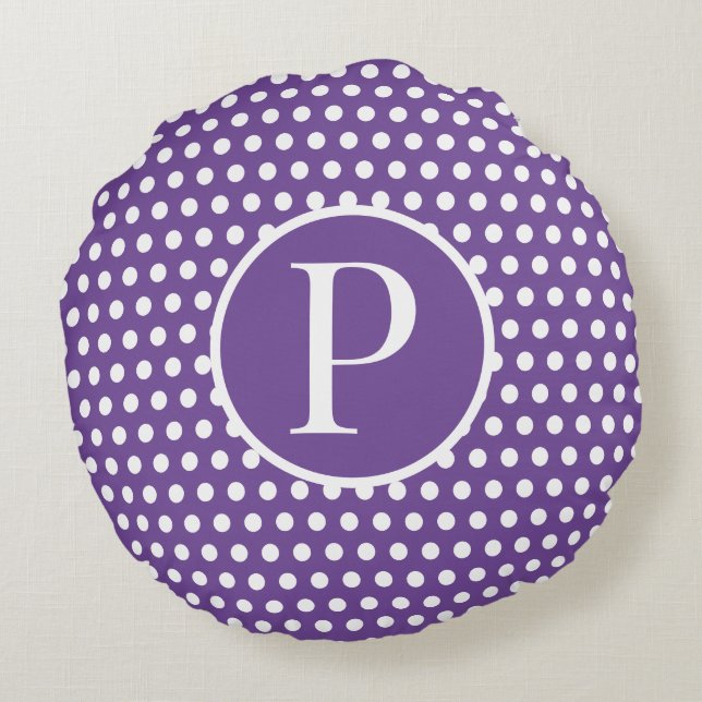 Modern Custom initial letter Polka Dot Purple Round Cushion (Back)