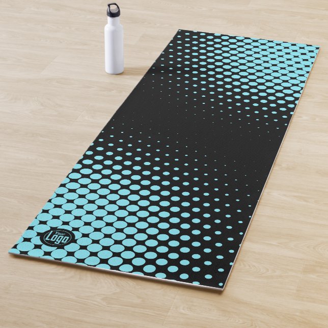 Modern Custom Logo Electric-Blue Halftone on Black Yoga Mat (In Situ)