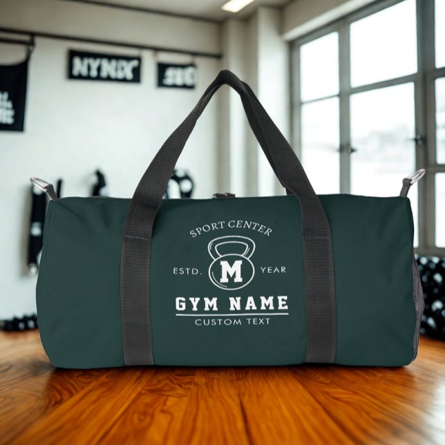 Modern Custom Logo Gym Name Workout White Text Duffle Bag (Modern custom gym name logo dark green duffel bag)