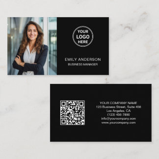 Modern Custom Logo Photo QR Black Business Card