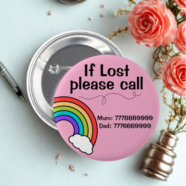 Modern Custom Lost Missing Child Id Rainbow Badge  ( Modern custom missing child id pink badge button)