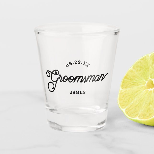 Modern Custom Minimalist Groomsman Shot Glass (Front)