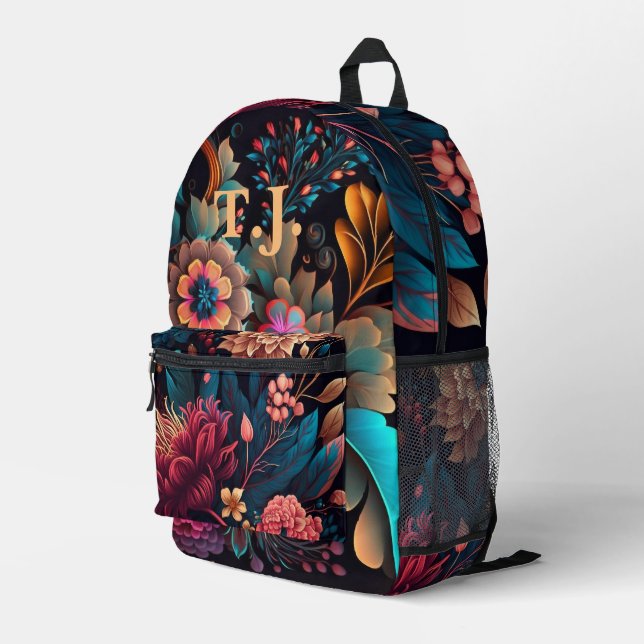 Modern Custom Monogram Floral Colourful Printed Backpack (Back Corner Right)