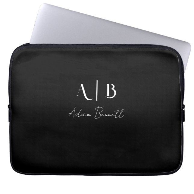 Modern Custom Monogram Initials Name Black Laptop Sleeve (Front)