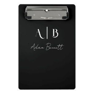 Modern Custom Monogram Initials Name Black Mini Clipboard