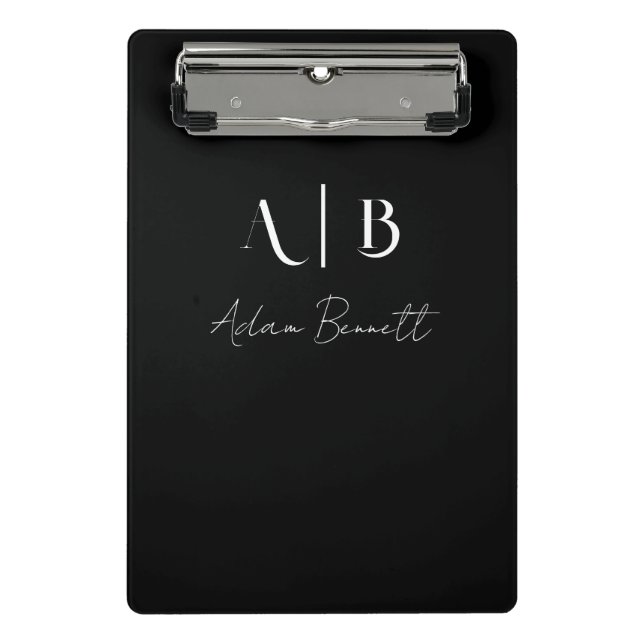 Modern Custom Monogram Initials Name Black Mini Clipboard (Front)