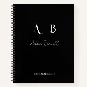 Modern Custom Monogram Initials Name Black Notebook