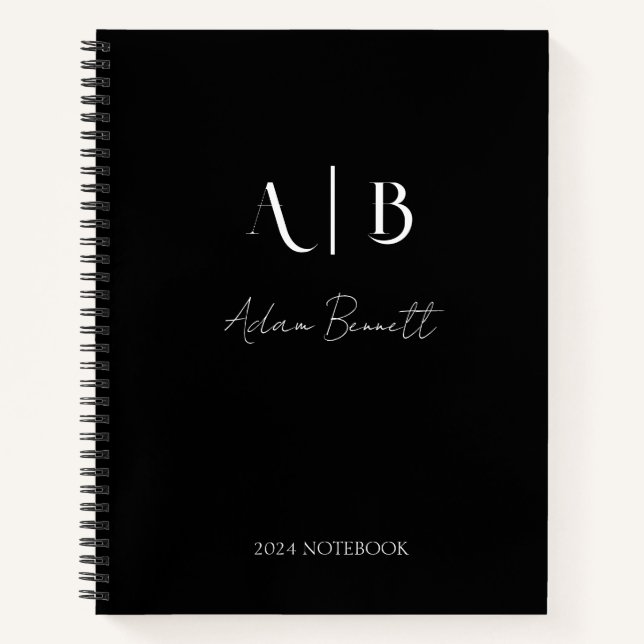 Modern Custom Monogram Initials Name Black Notebook (Front)