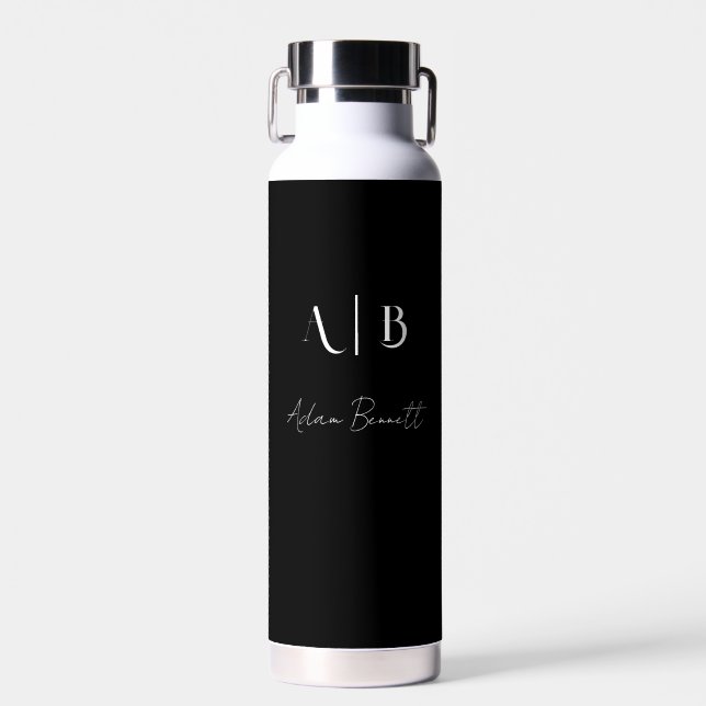 Modern Custom Monogram Initials Name Black Water Bottle (Front)