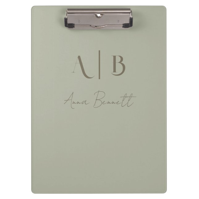 Modern Custom Monogram Initials Name Dusty Sage Clipboard (Front)