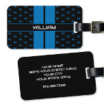 Modern Custom Monogram Name Blue Striped Luggage Tag<br><div class="desc">This stylish personalised luggage tag includes both your name and your initial letter in a monogram pattern. A blue, black and white design with classic double racing stripes on the front and your contact details on the back. A great gift for friends and family for birthdays, holidays, father's days or...</div>