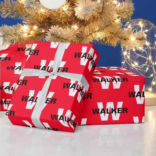 Modern Custom Monogram Name Bright Red Gift Wrapping Paper (Holidays)