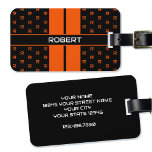 Modern Custom Monogram Name Orange Striped Luggage Tag<br><div class="desc">This stylish personalised luggage tag includes both your name and your initial letter in a monogram pattern. A orange, black and white design with classic double racing stripes on the front and your contact details on the back. A great gift for friends and family for birthdays, holidays, father's days or...</div>