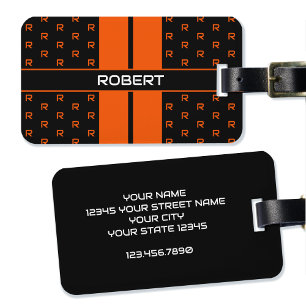 Modern Custom Monogram Name Orange Striped Luggage Tag