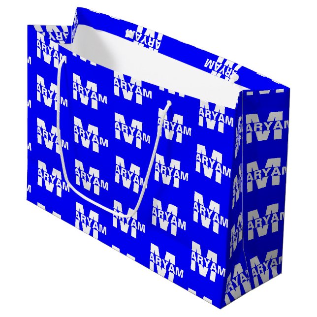 Modern Custom Monogram Name Royal Blue Present Bag (Front Angled)