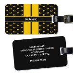 Modern Custom Monogram Name Yellow Striped Luggage Tag<br><div class="desc">This stylish personalised luggage tag includes both your name and your initial letter in a monogram pattern. A yellow, black and white design with classic double racing stripes on the front and your contact details on the back. A great gift for friends and family for birthdays, holidays, father's days or...</div>