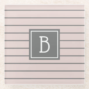 Modern Custom Monogrammed Pink & Grey Stripes Glass Coaster