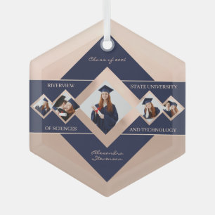 Modern Custom Multi‑Photo Rose Blue Graduation  Glass Tree Decoration