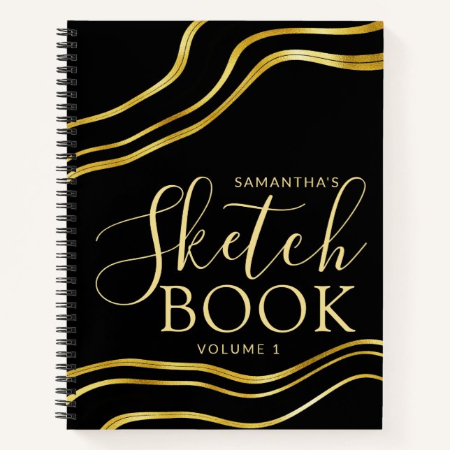 Modern Custom Name Black Gold Sketchbook Notebook (Front)