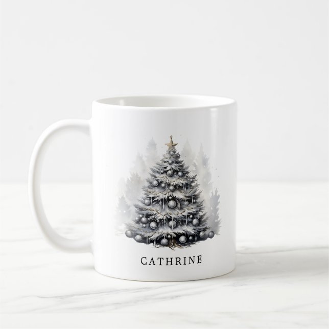 Modern Custom Name Black & White Christmas Tree Coffee Mug (Left)