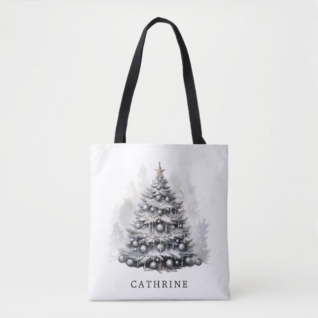 Modern Custom Name Black & White Christmas Tree Tote Bag (Front)