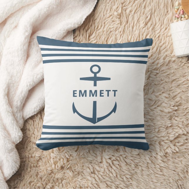 Modern Custom Name Blue Anchor Nautical Nursery  Cushion (Blanket)