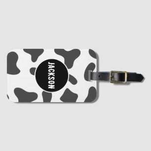 Modern Custom Name Cow Print Black White Luggage Tag