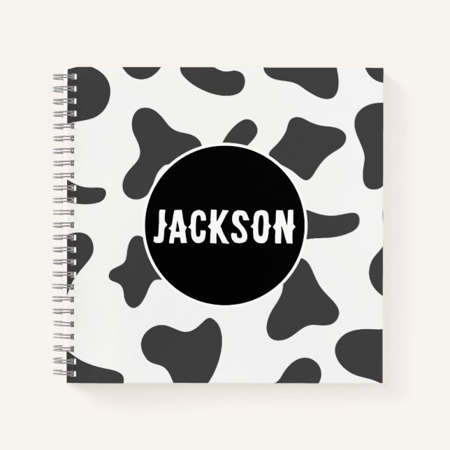Modern Custom Name Cow Print Black White Notebook (Front)