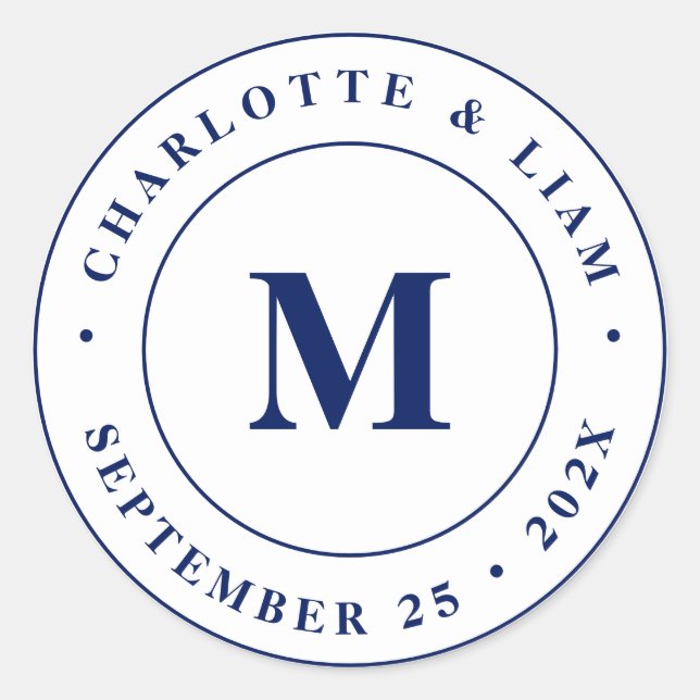 Modern Custom Name Date Monogram Wedding Classic Round Sticker (Front)