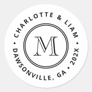 Modern Custom Name Date Monogram Wedding Classic Round Sticker
