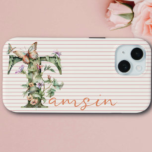 Modern Custom Name Floral Butterfly Initial Peach iPhone 15 Case