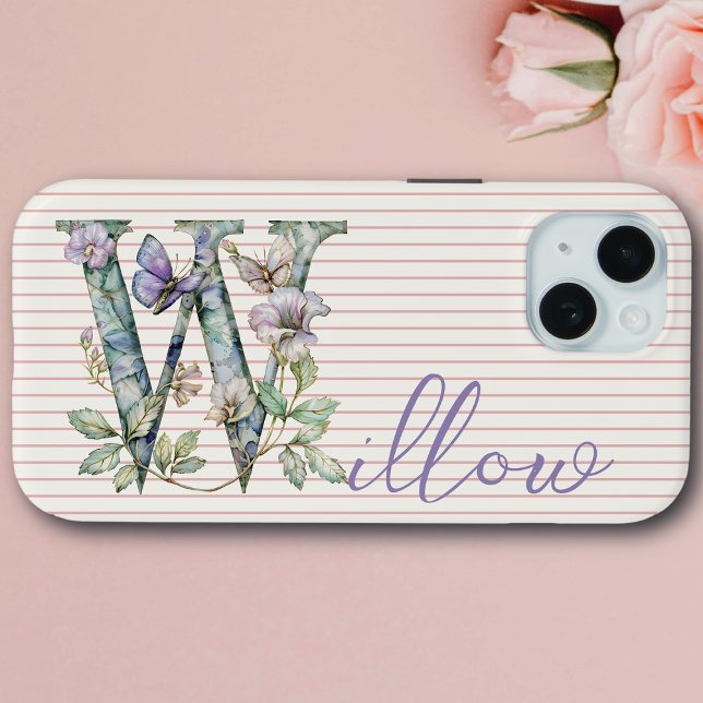 Modern Custom Name Floral Butterfly Initial Purple Case-Mate iPhone Case (Creator Uploaded)