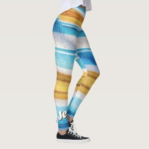 Modern Custom Name Fun Blue Soft Yellow Leggings