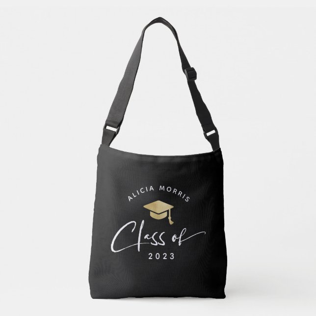 Modern Custom Name Graduation Trendy Script Gold Crossbody Bag (Front)