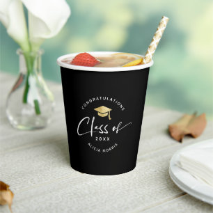 Modern Custom Name Graduation Trendy Script Gold Paper Cups