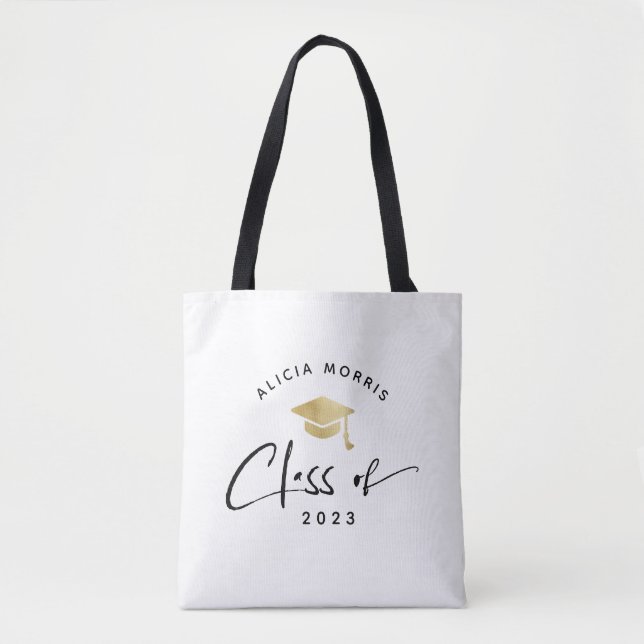 Modern Custom Name Graduation Trendy Script Gold Tote Bag (Front)