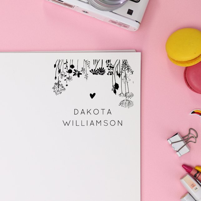 Modern Custom Name Heart Rustic Wildflowers Rubber Stamp (Creator Uploaded)