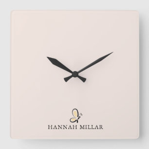 Modern Custom Name Logo Blush Pink Minimalist Square Wall Clock