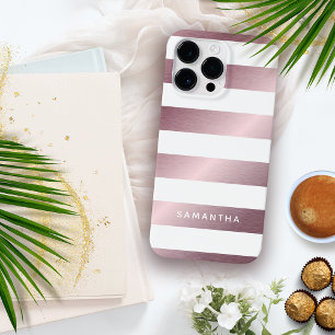 Modern Custom Name Wide Rose Gold White Stripes Case-Mate iPhone 14 Pro Max Case